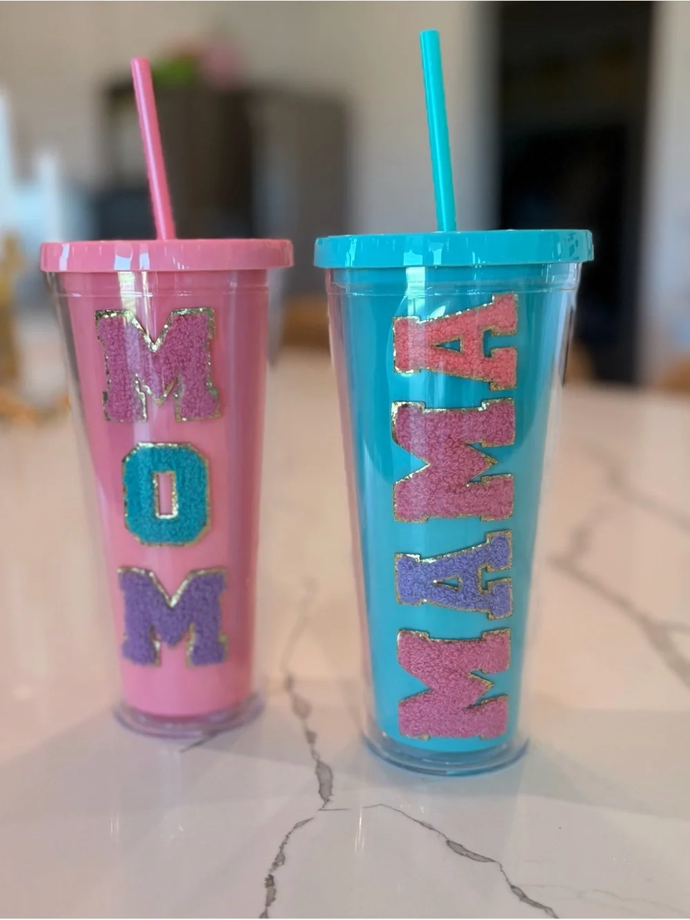 Personalized MAMA or MOM Double-Wall Tumbler with Straw - Blue and Pink